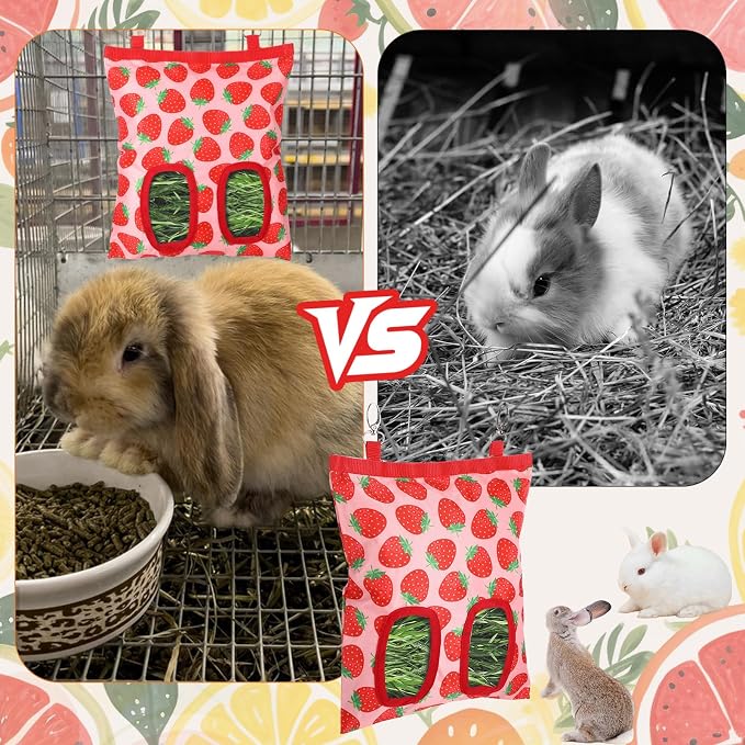 Rabbit Hay Feeder, 2 Hole Hanging Hay Bag for Rabbits Guinea Pig Bunny Chinchillas Washable Rabbit Hay Holder 11x9.8inch