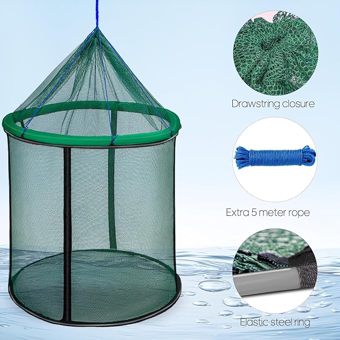 QualyQualy Floating Fish Basket 41/73 Gallons Extra Large for Live Caught, Fully Foldable Fishing Net Holder for Bait Live Well Collapsible Mesh Fishing Holder Cage