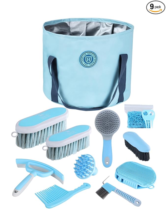 Harrison Howard Horse Grooming Kit 9 Piece with Tote, Non-Slip Silicone Grip Brush Set for Horses, Shedding Bathing Daily Care, Beginner Friendly Soft Blue
