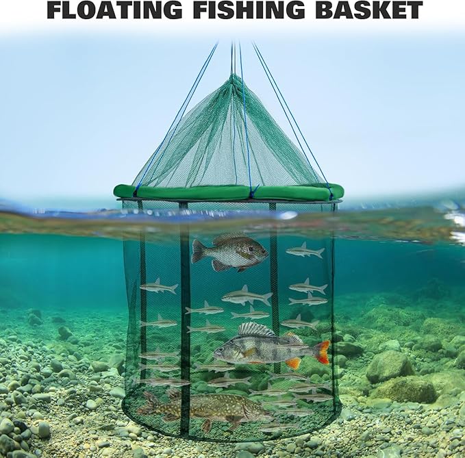 QualyQualy Floating Fish Basket 41/73 Gallons Extra Large for Live Caught, Fully Foldable Fishing Net Holder for Bait Live Well Collapsible Mesh Fishing Holder Cage