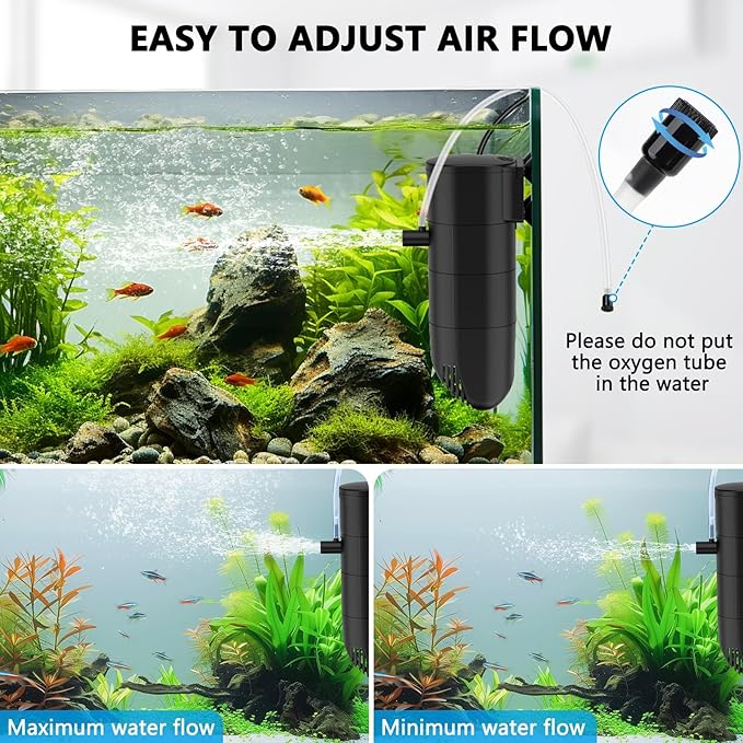 Submersible Aquarium Filter, 265GPH 4-Stage Fish Tank Filter Adjustable Air Flow Powerful Internal Filter for 40-60 Gallon Tank with Filtration Oxygenation Circulation (15W)