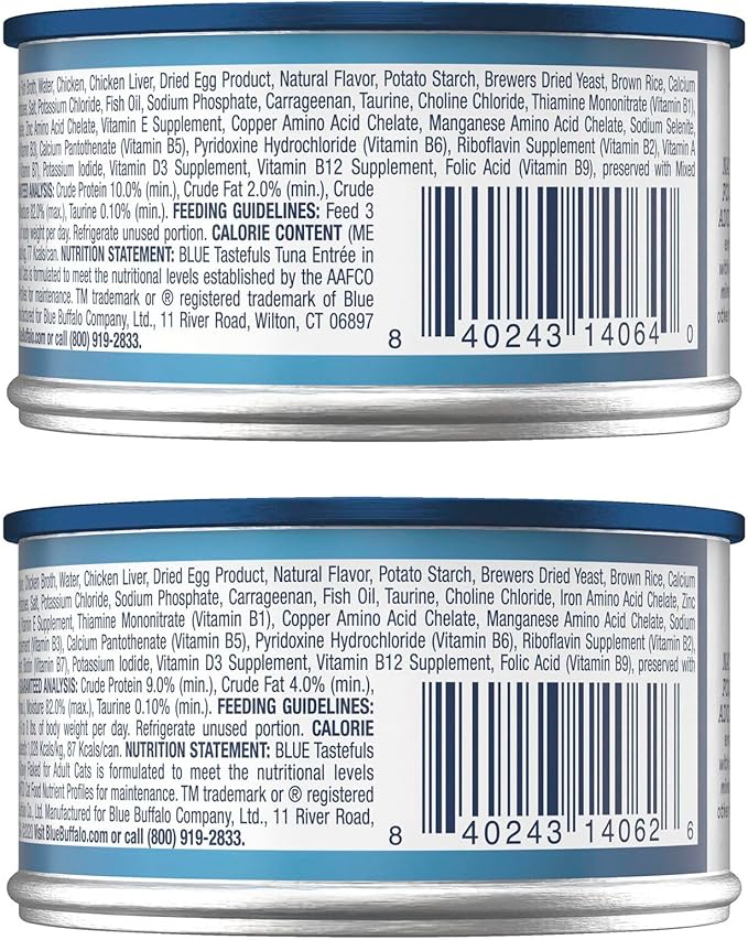 Blue Buffalo Tastefuls Wet Cat Food, Made with Natural Ingredients, Tuna and Chicken Flaked Entrées in Gravy, 3oz Cans, 4-Count Variety Pack Trial Size