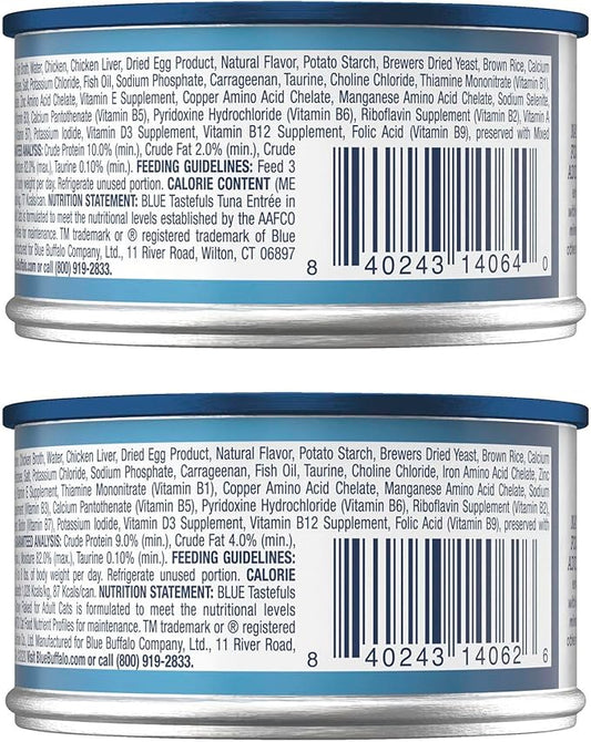 Blue Buffalo Tastefuls Wet Cat Food, Made with Natural Ingredients, Tuna and Chicken Flaked Entrées in Gravy, 3oz Cans, 4-Count Variety Pack Trial Size