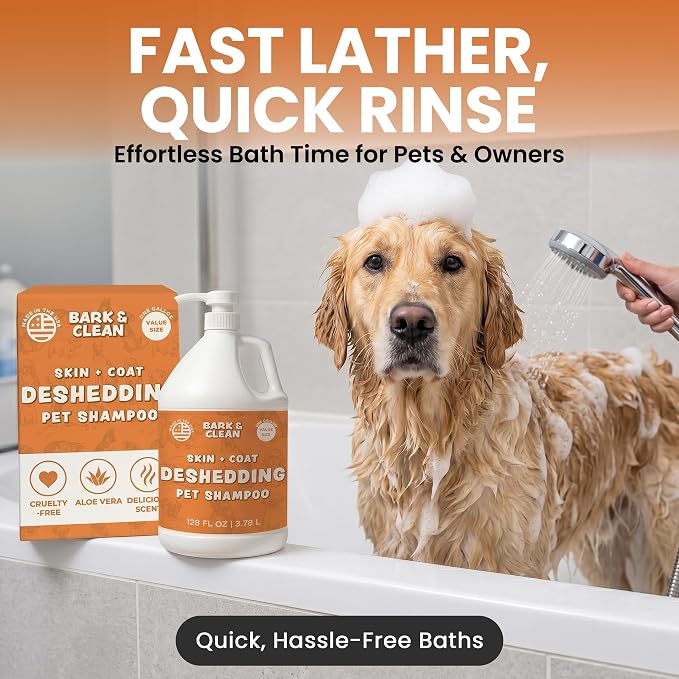 Deshedding Dog Shampoo, Gallon Sized - Skin and Coat Shedding Shampoo with Pump, 18:1 Dilution - Made with Baking Soda, Aloe, and Coconut for Buildup and Dander