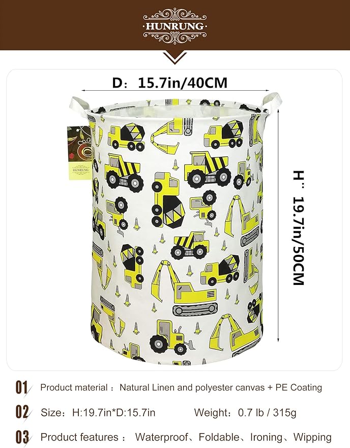 Collapsible Fabric Storage Basket, Waterproof Laundry Hamper with Handles, Round Storage Bin for Clothes Toys, Foldable Organizer for Bedroom Nursery Bathroom(Round Engineering)