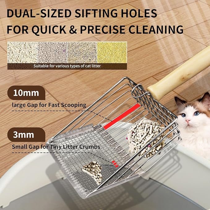 Cat Litter Scoop, Premium Kitty Shovel with Hook and Hole, Metal Sifter Scooper Stainless Steel for Easy Cleaning, Durable and Heavy Duty, Odor-Free for Litter Box (Only Scoop)