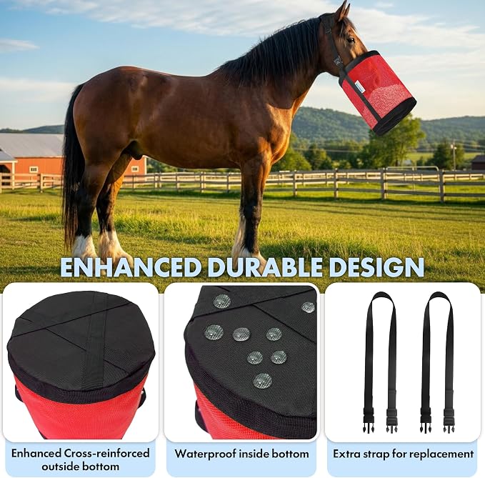 Horse Feed Bag Pack of 2 (Reinforced Bottom Edging), Feed Bags for Horses with Ventilation Mesh, Comfort Nose Pad Neck Pad, Adjustable Strap, Spill Proof Design for Feeding Grain, Supplements