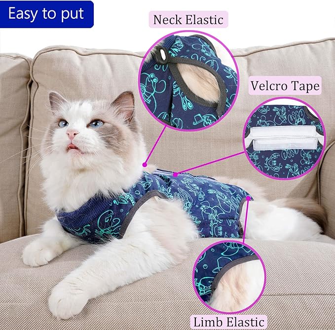 kzrfojy Cat Surgery Recovery Suit Cat Onesie for Cats After Surgery for Surgical Abdominal Wound Or Skin Diseases E-Collar Alternative Wear Neutering Bodysuit Wear (Dark-Blue-L)