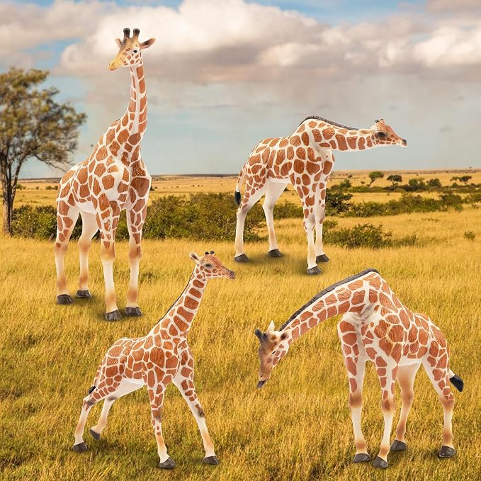 Giraffe Toy Figurines Set, 4PCS Realistic Wild Animals Figures with Giraffe Calf, Plastic Giraffe Cake Topper Birthday Gift Decor for Kids & Toddlers Ages 3+