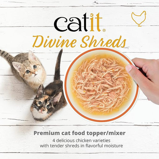 Catit Divine Shreds Premium Cat Food Topper, Chicken with Mackerel & Broccoli (Pack of 4)
