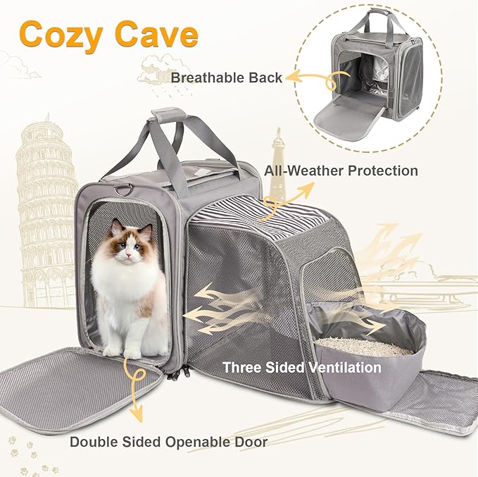 Cat Carrier with Litter Box for Large Cats Up to 25lbs, Expandable Soft-Sided Pet Travel Carrier, Breathable Foldable Cat Bag for Car Ride, Vet Visit & Camping