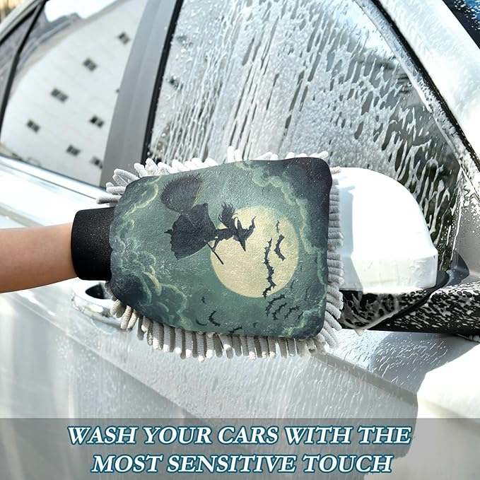 Car Wash Mitt Microfiber Wash Mitts for Car Washing Scratch-Free Cleaning Gloves Soft Non Absorbent Chenille Auto Hand Mitt Large 2Pack Halloween Witch Bats and Moonlight