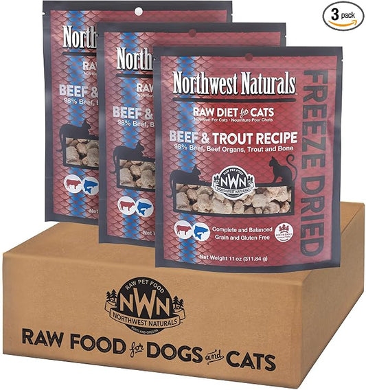 Northwest Naturals Freeze-Dried Beef & Trout Cat & Kitten Food – Bite-Sized Nibbles – Healthy, Limited, Human-Grade Ingredients, All-Natural, High-Protein Diet – Complete & Balanced, 11 oz (Pack of 3)