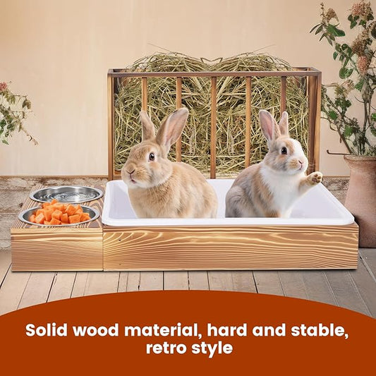 3 in 1 Rabbit Hay Feeder with Litter Box and 2 Bowls, Bunny Feeder Guinea Pig hay Rack Holder & Litter Box for Chinchilla Hamsters Guinea Pig Rabbit Bunny Small Animals (Brown)