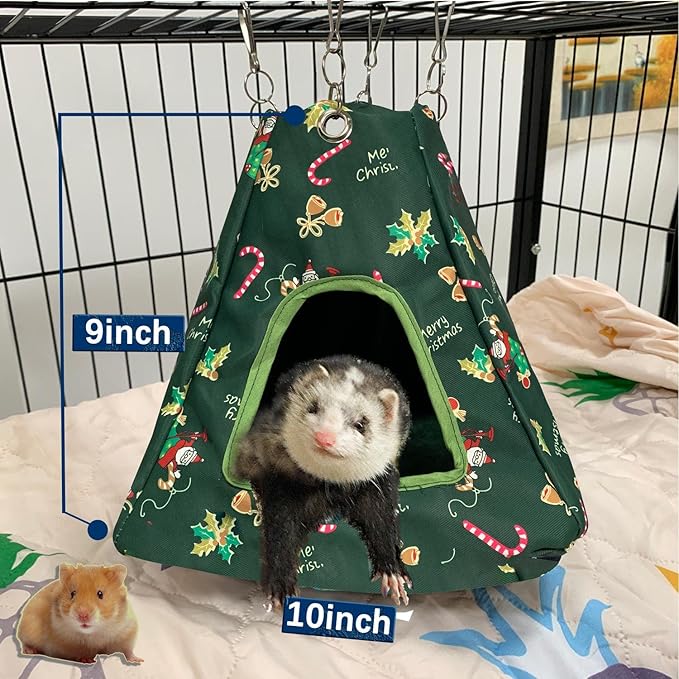 Ferret Rat Critter Nation Cage Accessories,Ferret Rat Hammock Set Hanging Bed Tent Tunnel for Any Small Animal Bedding (Christmas Green)