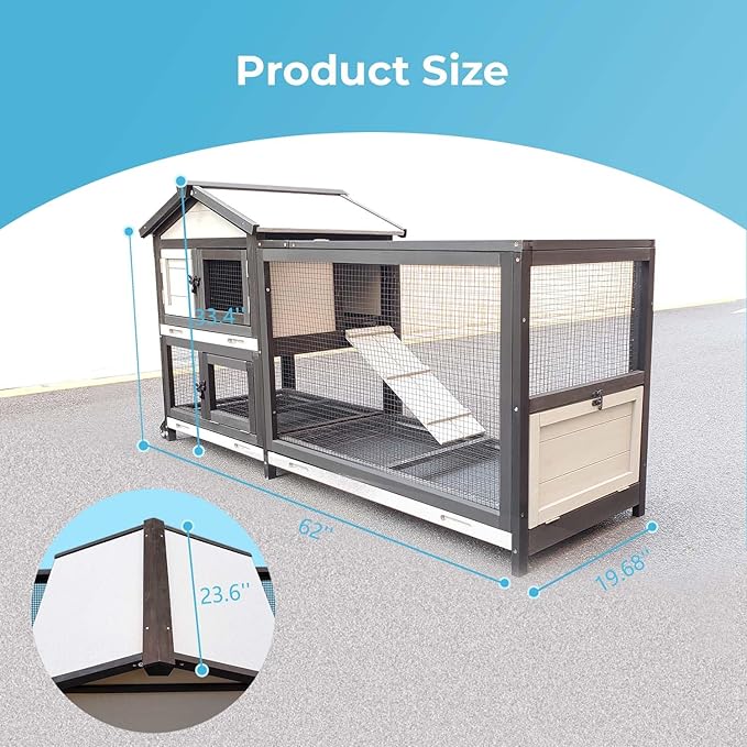 53 inches Wooden Rabbit Hutch for Small Animals with 2 Rolling Wheels Indoor Outdoor Pet Cage (Medium) Bunny Cages with Removable Trays and Bedding Area Waterpoof roof