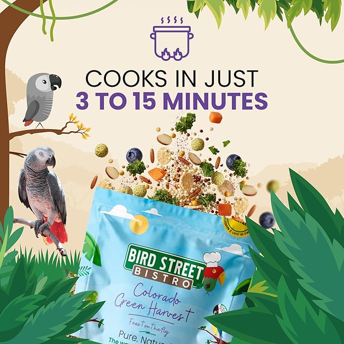 Bird Street Bistro Parrot Food for Parakeets & Cockatiels - Colorado Green Harvest - 18 oz - Cooks in 3-15 min, Natural Grains, Fruits & Vegetables - USA Made