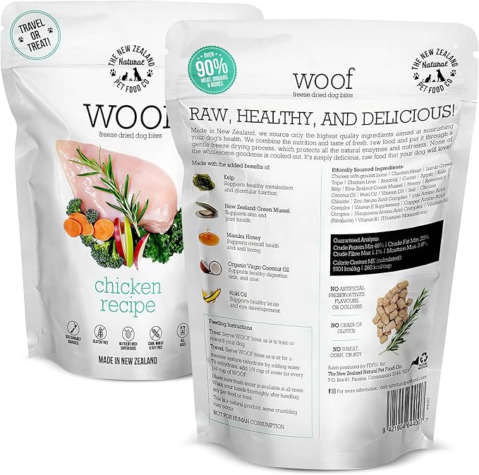 The New Zealand Natural Pet Food Co. Woof Freeze Dried Dog Food - Chicken Recipe, High Protein, Dog Food Topper & Dog Treats, All Life Stages, 1.76 oz