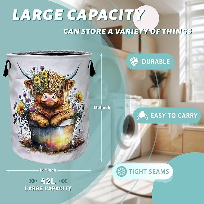 Cute Highland Cow Laundry Basket Foldable With Handles Funny Tote Bag Oxford Cloth Laundry Hamper Clothes Storage Bucket Toy Organizer 18.9" x 16.5" For Bathroom/Laundry/Bedroom