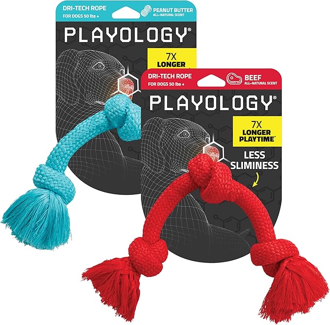 Playology Dog Toys | Dri-Tech Rope Tug of War Dog Toy for Tough Chewers (Value 2-Pack) | Peanut Butter & Beef Scented Medium Tug Rope Toys for Dogs