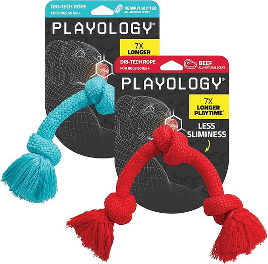 Playology Dog Toys | Dri-Tech Rope Tug of War Dog Toy for Tough Chewers (Value 2-Pack) | Peanut Butter & Beef Scented Medium Tug Rope Toys for Dogs