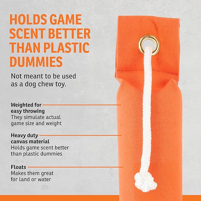 SportDOG Canvas Dummies - Hunting Dog Training Tool - Game Scent Absorber - Water-Ready Bumper - Durable Field Dummy - Weighted Toy - Standard Size - 2.75" W X 12" L - Orange