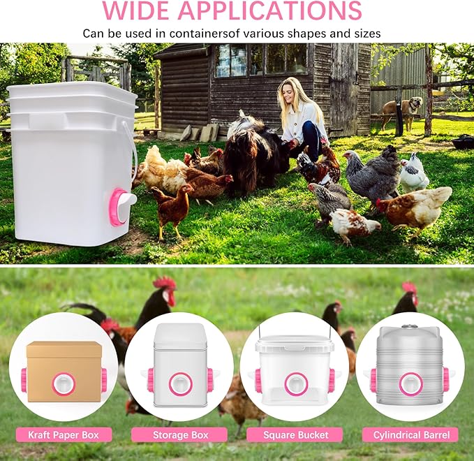 Chicken Feeder Port, 12 Pack Chicken Feeders No Waste with 12 Lids 1 Drill Bit, DIY Automatic Poultry Feeder Cups Kit, Chicken Bucket Feeder for Barrels (Pink)