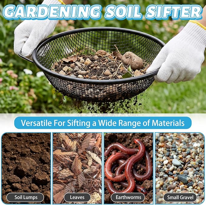 3PCS Soil Sifter for Gardening, Rock Soil Sifter with Handle Compost Sifting Screen for 5 Gallon Buckets with Metal Garden Shovel Gloves 3,6,10mm Mesh Sizes Remove Stone Fine Gravel Sand Dirt Black
