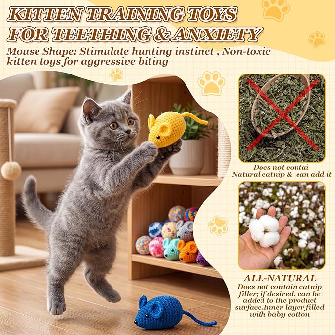 Shappy 16 Pcs Crochet Cat Toys Set, 8 Knitted Mice 8 Cat Ball Toys with Bell Inside, Yarn Mouse Animals for Medium Indoor Cats, Kitten Play Chew Accessories