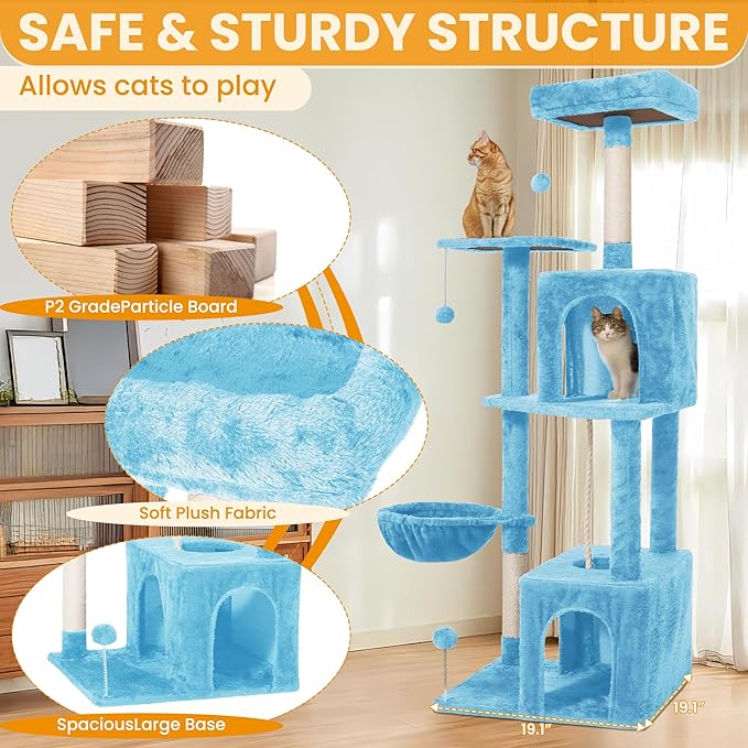 54-Inch Cat Tree Tower with 2 Caves & 2 Pompoms - Multi-Level Tower for Indoor Cats, Soft Plush Condo with Scratching Posts - Sturdy Base for Large Cats(Blue)