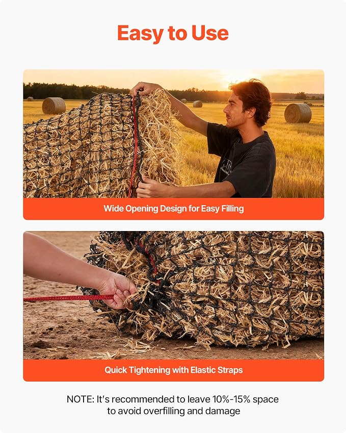 VEVOR Round Bale Hay Net, 4.92 x 4.92 x 4.92 ft, 1.75 inch Holes, PE Material, Reinforced Knotted Design, with Zip Ties, Needle Shuttle, and Repair Twine, Slow Feeder Round Bale Net for Horses