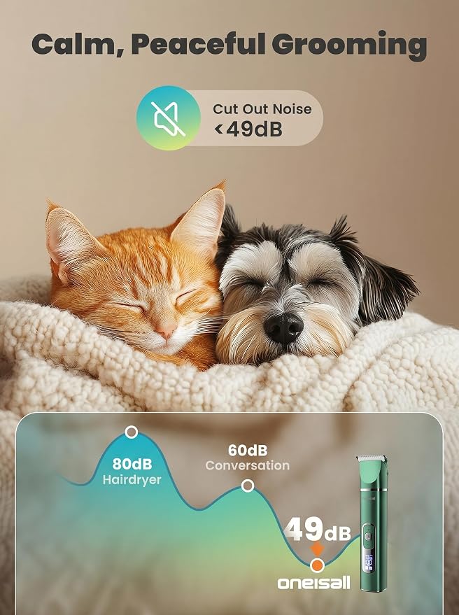 oneisall 4 in 1 Dog Grooming Kit with LCD Display, Dog Hair Trimmer for Paw Nail Grinder, Rechargeable Cordless Low Noise IPX7 Waterproof Pet Clippers Green