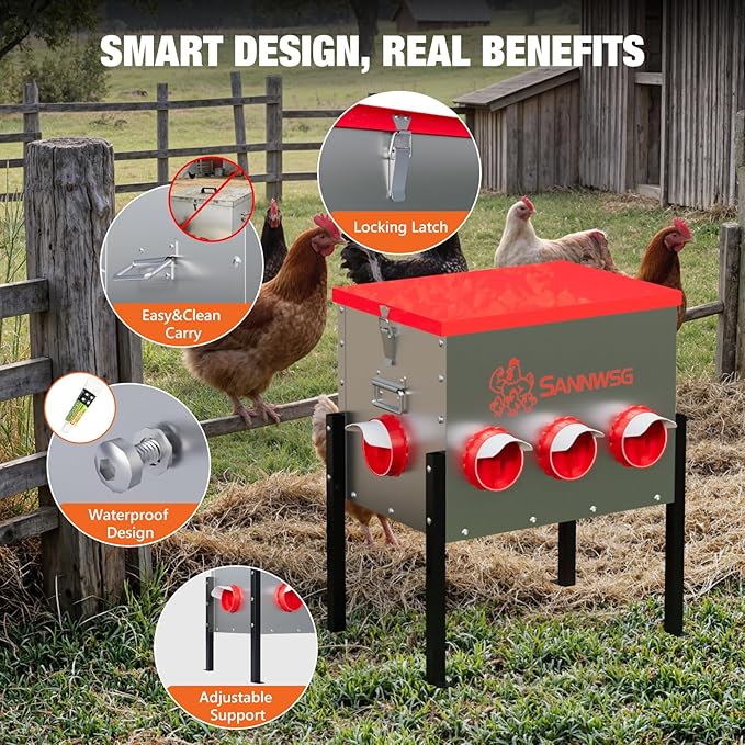 Chicken Feeders,68 lb Capacity 8 Port Automatic Chicken Feeder, Metal Chick Feeder with Locking Lid and Legs, Chicken Feeder for Chickens, Ducks, Geese