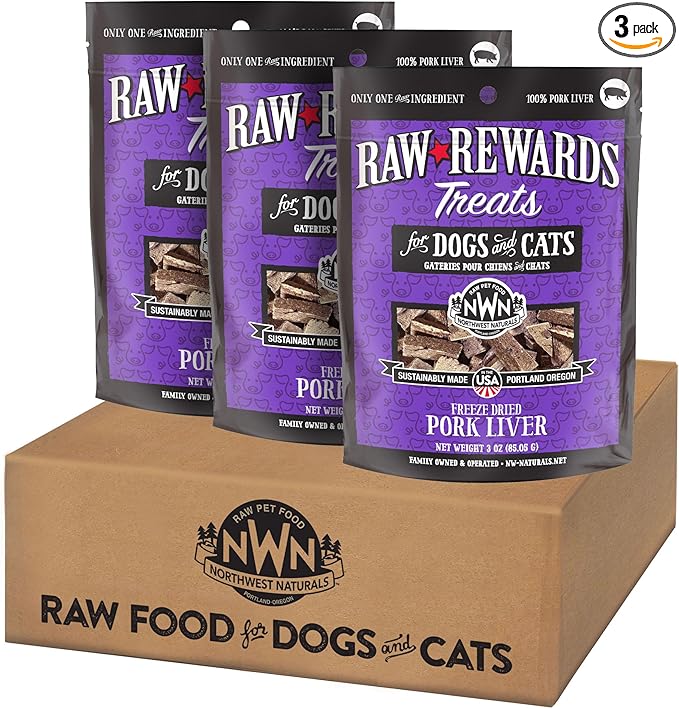 Northwest Naturals Raw Rewards Freeze-Dried Pork Liver Treats for Dogs and Cats - Bite-Sized Pieces - Healthy, 1 Ingredient, Human Grade Pet Food, All Natural - 3 Oz (Pack of 3)