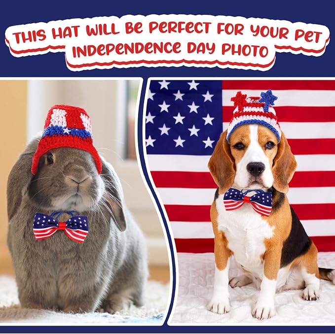 Ganeen 4 Pcs Independence Day Cat Costume 250 Anniversary 4th of July Pet Hat Headband American Flag Bow Tie Dog Cap USA 1776-2026 American Day Small Animal Top Hats Bowtie Collar Costume for Animal