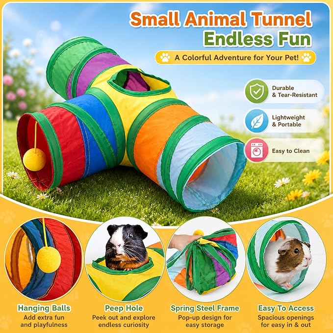 Rypet Guinea Pig Tunnel 3 Way Collapsible Small Pet Tunnels and Tubes with Interactive Ball for Baby Rabbit Ferret Hamster Chinchilla Hedgehog Hiding and Resting