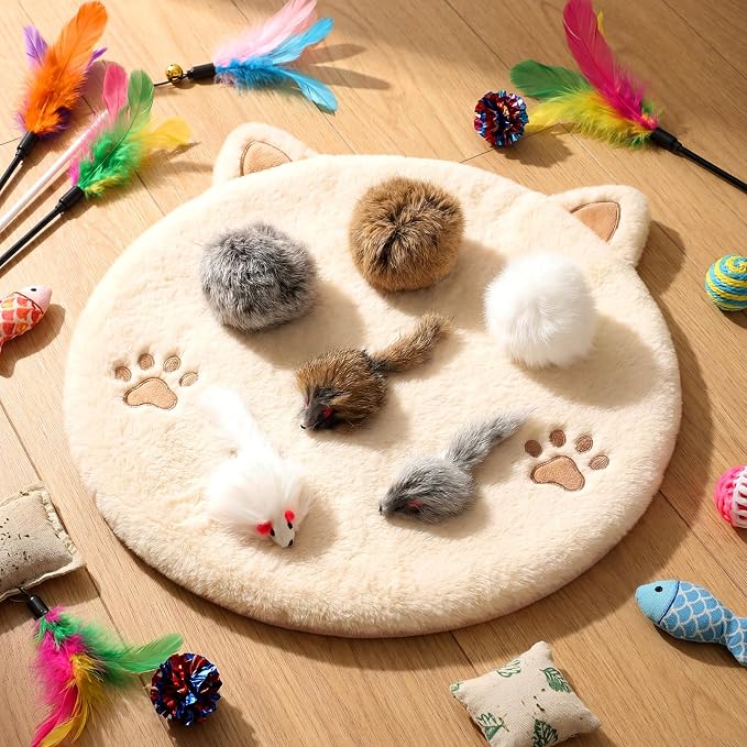 Lewtemi 24 Pcs Real Rabbit Fur Mouse Toys for Cats 12 Fluffy Rattle Mouse and 12 Fuzzy Cat Balls Realistic Fake Mice Without Catnip Interactive Kitty Toy for Pets Kitten Play