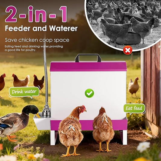 25Lb Metal Chicken Feeder and Waterer Set Automatic No Waste Galvanized Poultry Duck Feeder with Auto Water Dispenser for Outdoor Coop