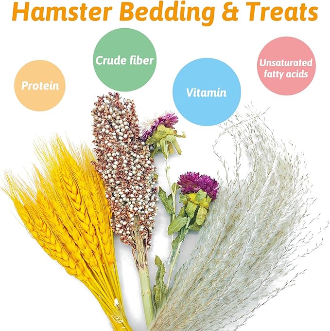 Fhiny Natural Hamster Bedding Mate, Edible Hamster Sprays Flowers & Herbs Gerbil Habitat Enclosure Decor Grain Treats Cage Accessories for Syrian Dwarf Hamster Gerbil Lemming Degus Mice