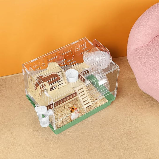 Hamster Cage Acrylic Hamster Habitat 360 Viewing Transparent Pet Rat Cage with Running Wheel & Hideout for Dwarf/Syrian Hamsters, Mice & Gerbils, Green, 13.3" L*10.2" W*12.4" H