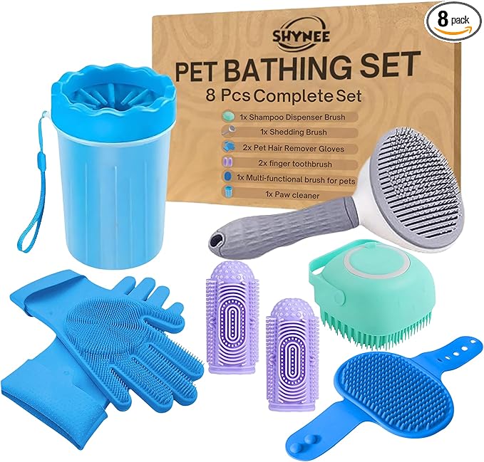 8PCs Dog Grooming Kit - Dog Shampoo Brush | Washing Gloves | Adjustable Dog Bath Brush | Dog Paw Cleaner | 2X Toothbrush | Dog Scrubber For Bath & Massage - Grooming & Bath Supplies for Dogs and Cats