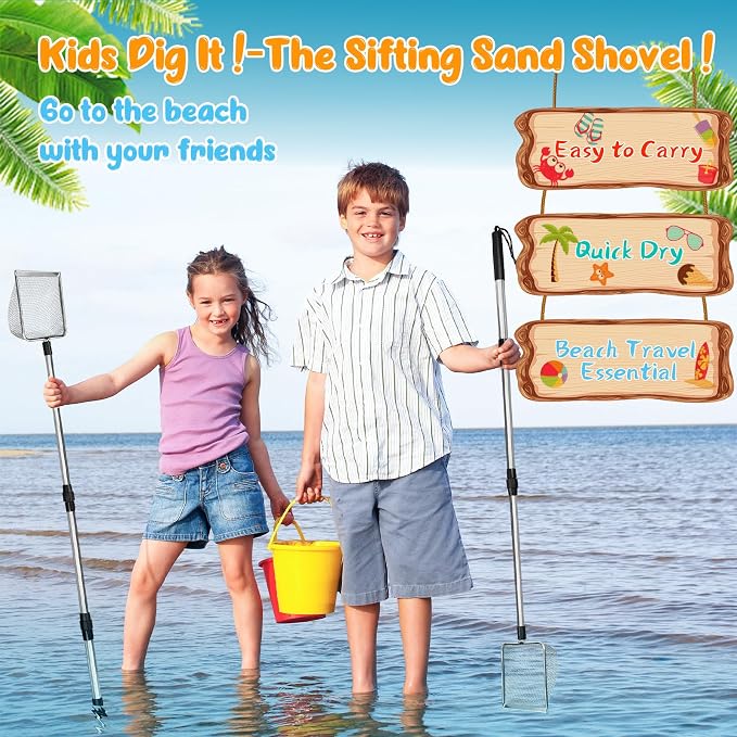 2 PCS Beach Mesh Shovel Sand Sifters, Enlarged Shark Tooth Sifter | [50% Larger Size] Extendable Handle Superior Quality for Summer Shell Collecting, Filter Sand Scooper Tools for Kids Adults