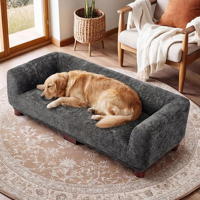 Dog Couch Sofa for Large & Extra Large Dogs, Elevated Pet Bed with Legs, Button Tufted Chenille Dog Couch with Backrest and Armrests, Modern Indoor Dog Furniture (Dark Gray, XL - 47" x 24" x 15")