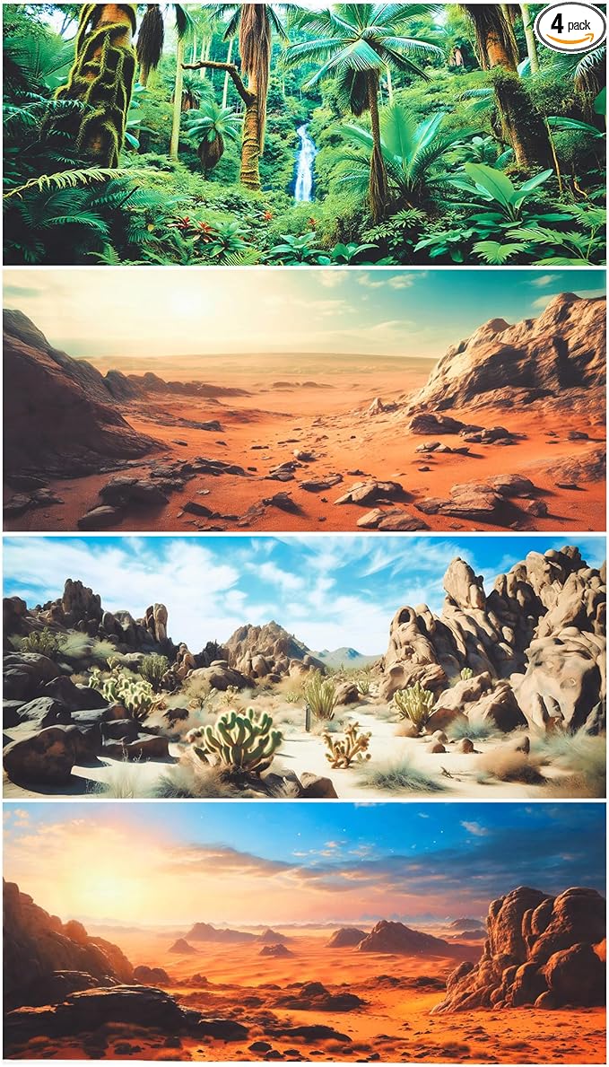 Breling 4 Pcs 24 x 11.8 Inch Reptile Habitat Background with Nano Glue Gobi Sun Cactus Stone and Green Tree Fern Stream Terrarium Background Polyester Durable Aquarium Accessories
