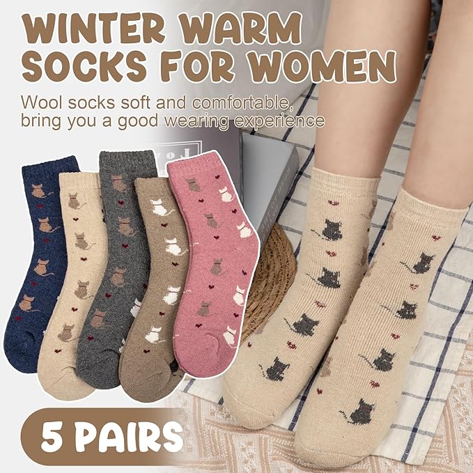 Justay 5 Pairs Womens Wool Socks Thick Warm Winter Socks Casual Cozy Socks Vintage Knit Crew Socks Gift for Women