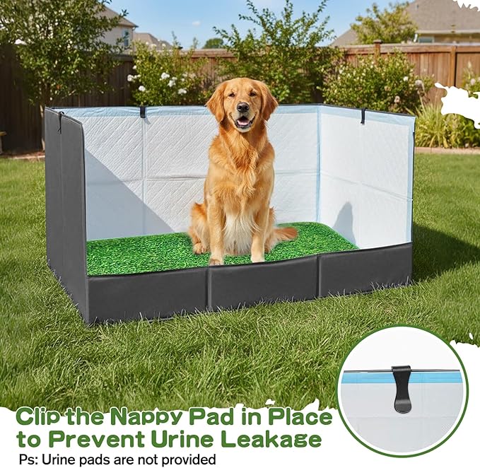 33.5"×23.6"×15.9" High Walls Dog Potty Tray with Artificial Grass, Foldable Dog Pee Pad Holder with 4-Inch Baffle, Waterproof Indoor Dog Litter Box for Small to Medium Pets