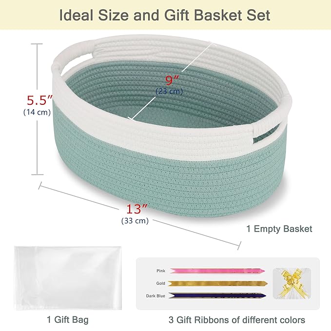 Small Woven Basket with Gift Bags and Ribbons, Empty Baby Gift Baskets for Kids Women Men, Shelf Storage, Small Cat Dog Pet Toy Boxes, 13”x 9”x 5.5”, Light Green