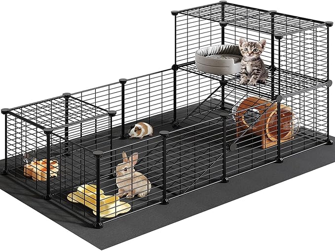 HOOBRO 24 Panels Guinea Pig Cage with Waterproof Mat, Small Animal Playpen, Rabbit Cage, Bunny Cage, Chicken Cage, Pet Playpen, Indoor Outdoor Yard Fence, 57 x 31.5 x 23.6 Inches, Black BK03PP03