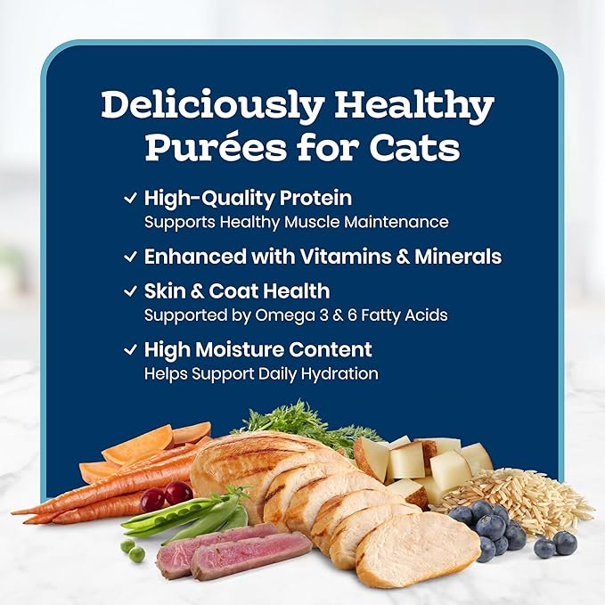 Blue Buffalo Tastefuls Purées Variety Pack Wet Cat Food Complement (Chicken & Tuna) Made with Natural Ingredients, for All Life Stages, 3-oz. Resealable Pouches (12 Count)