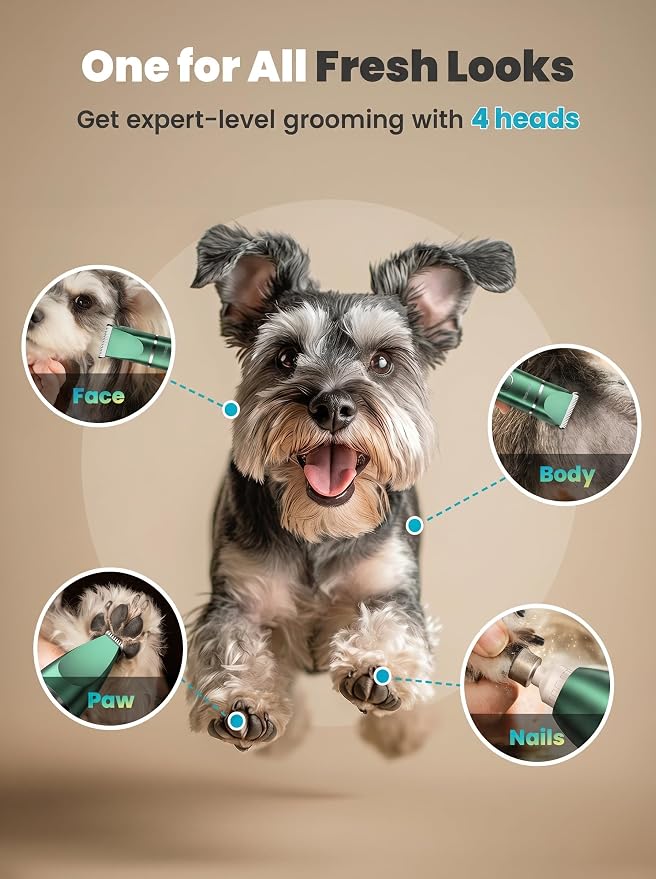 oneisall 4 in 1 Dog Grooming Kit with LCD Display, Dog Hair Trimmer for Paw Nail Grinder, Rechargeable Cordless Low Noise IPX7 Waterproof Pet Clippers Green